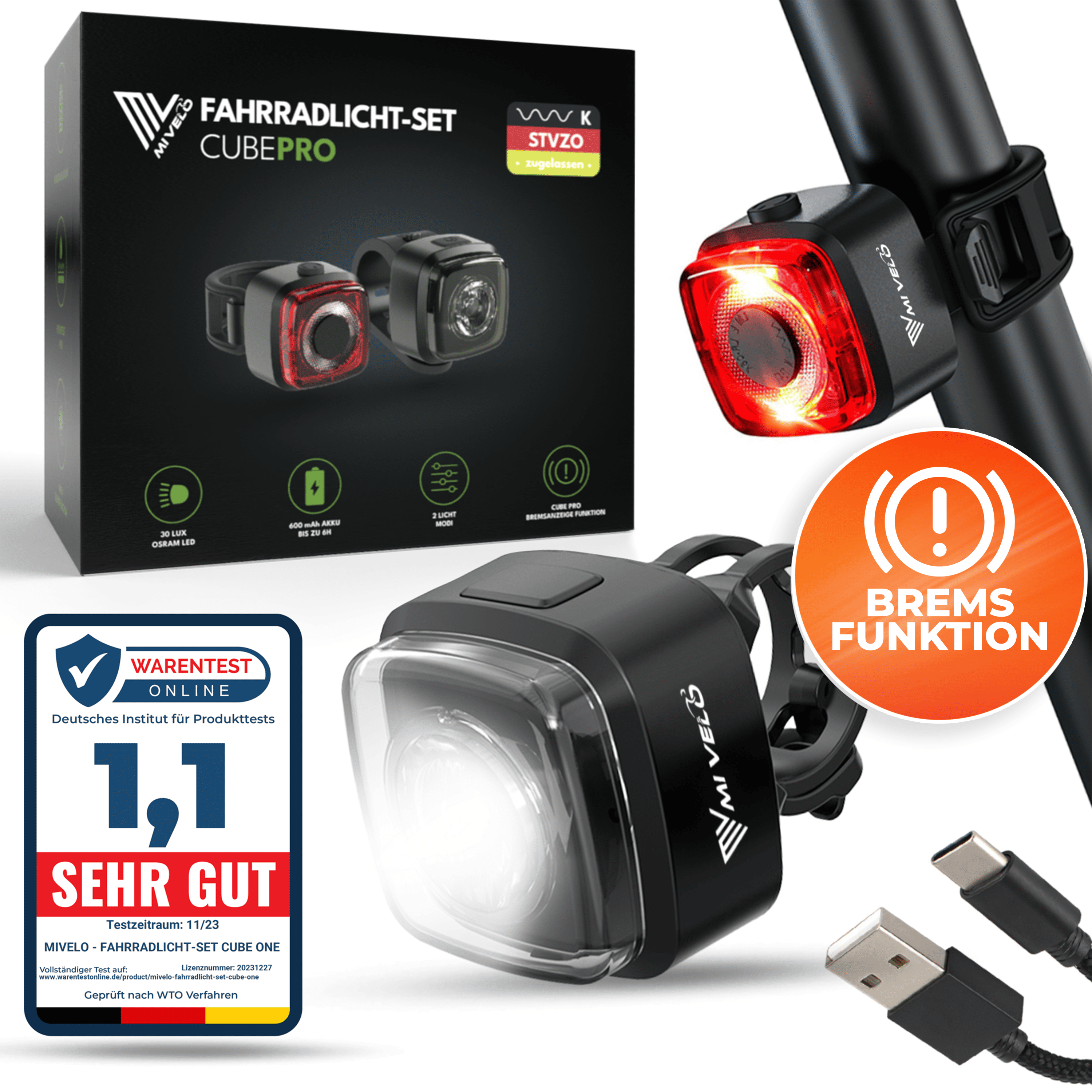 Fahrradlicht Set 30Lux mit Bremslicht „CUBE PRO“