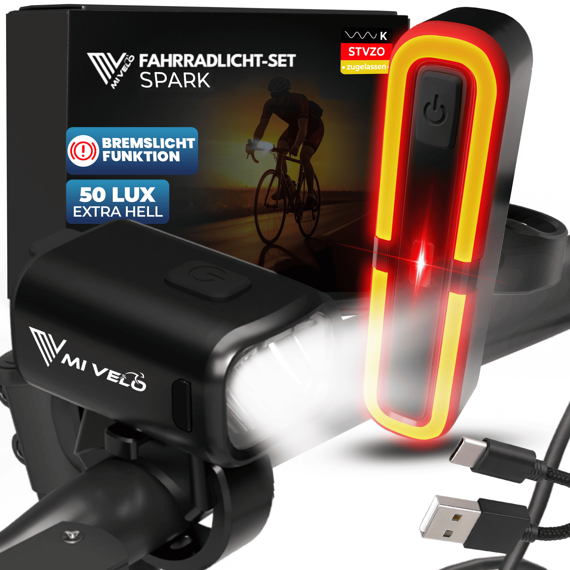 Fahrradlicht Set 50Lux mit Bremslicht