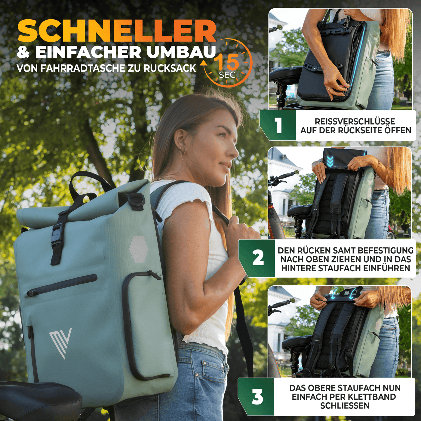 Wasserdichte Fahrradtasche & bequemer Rucksack kombiniert "EVO"
