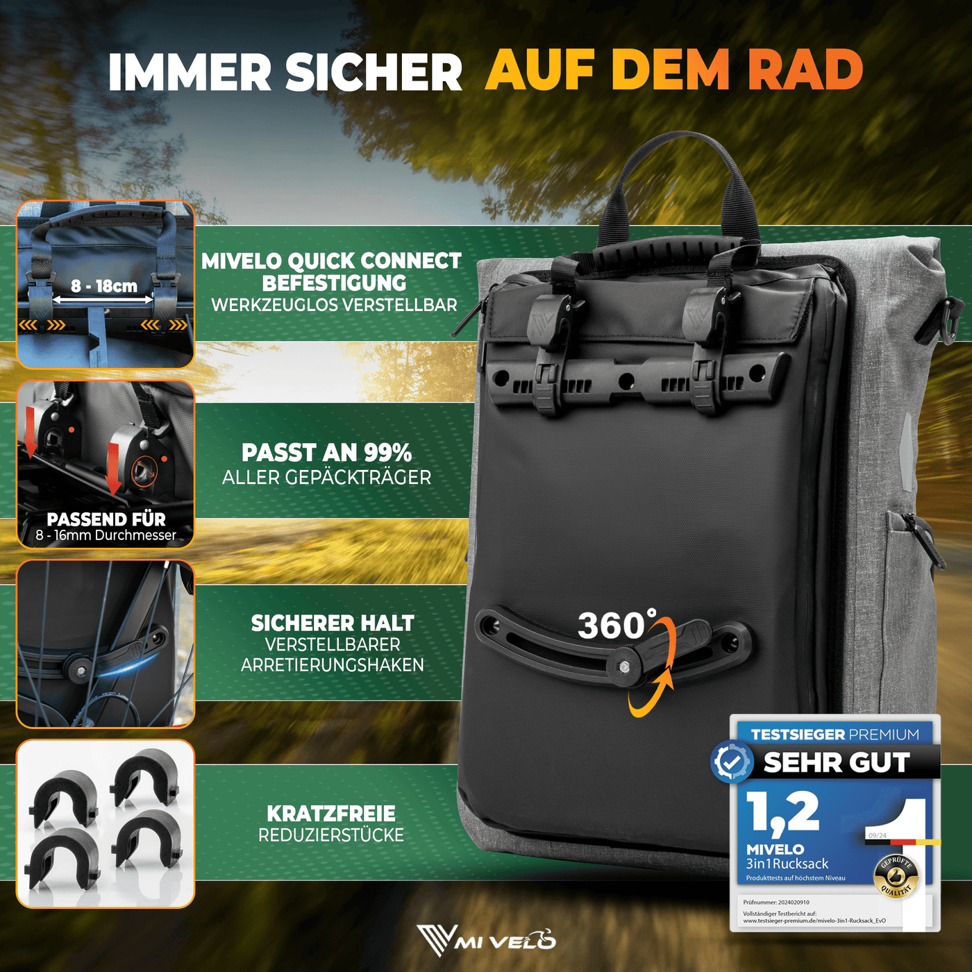 fahrradrucksack mit halterung Fahrradtasche & bequemer Rucksack kombiniert 25L „EVO“ – MIVELO