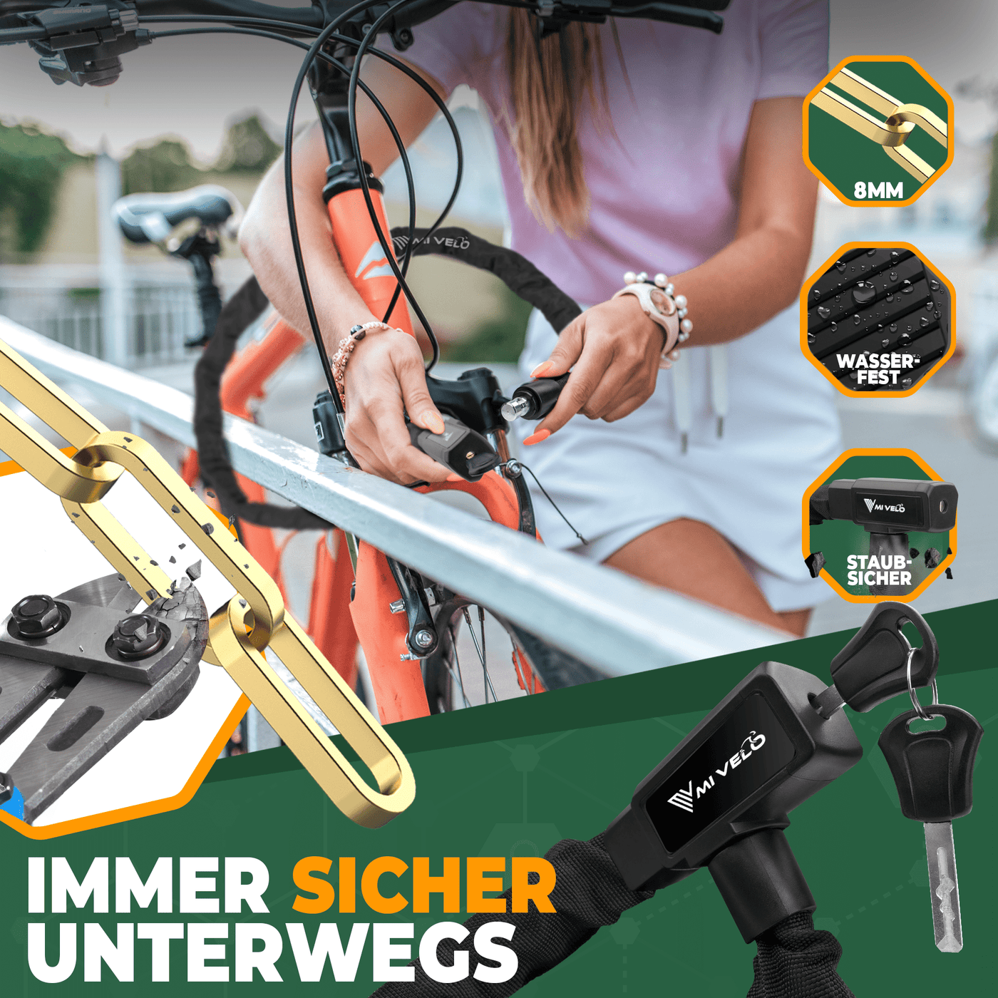 sicherstes fahrradschloss 2024 Fahrradschloss mit Vierkant-Kette & Schlüssel 85/100cm – MIVELO