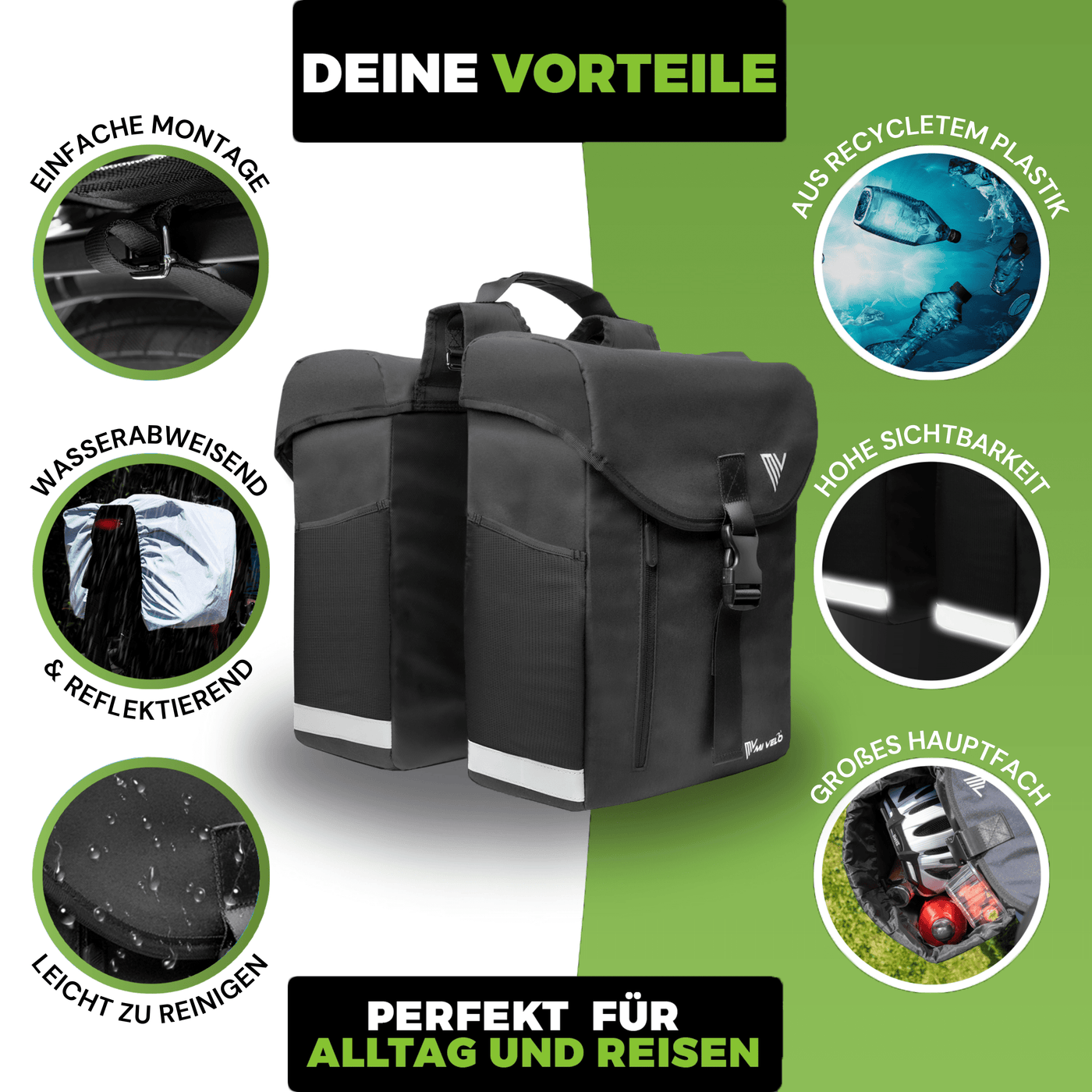 Fahrrad Doppeltasche aus recyceltem Material 36L "DUPLEX"