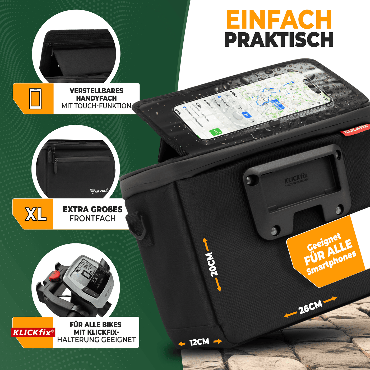 Lenkertasche Fahrrad KlickFIX mit Handyfach "OSKAR"
