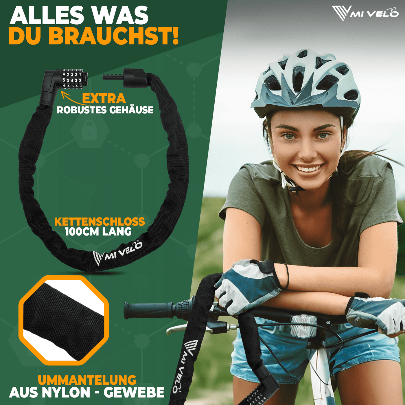 Fahrradschloss mit Vierkant-Kette & Zahlencode 85/100cm