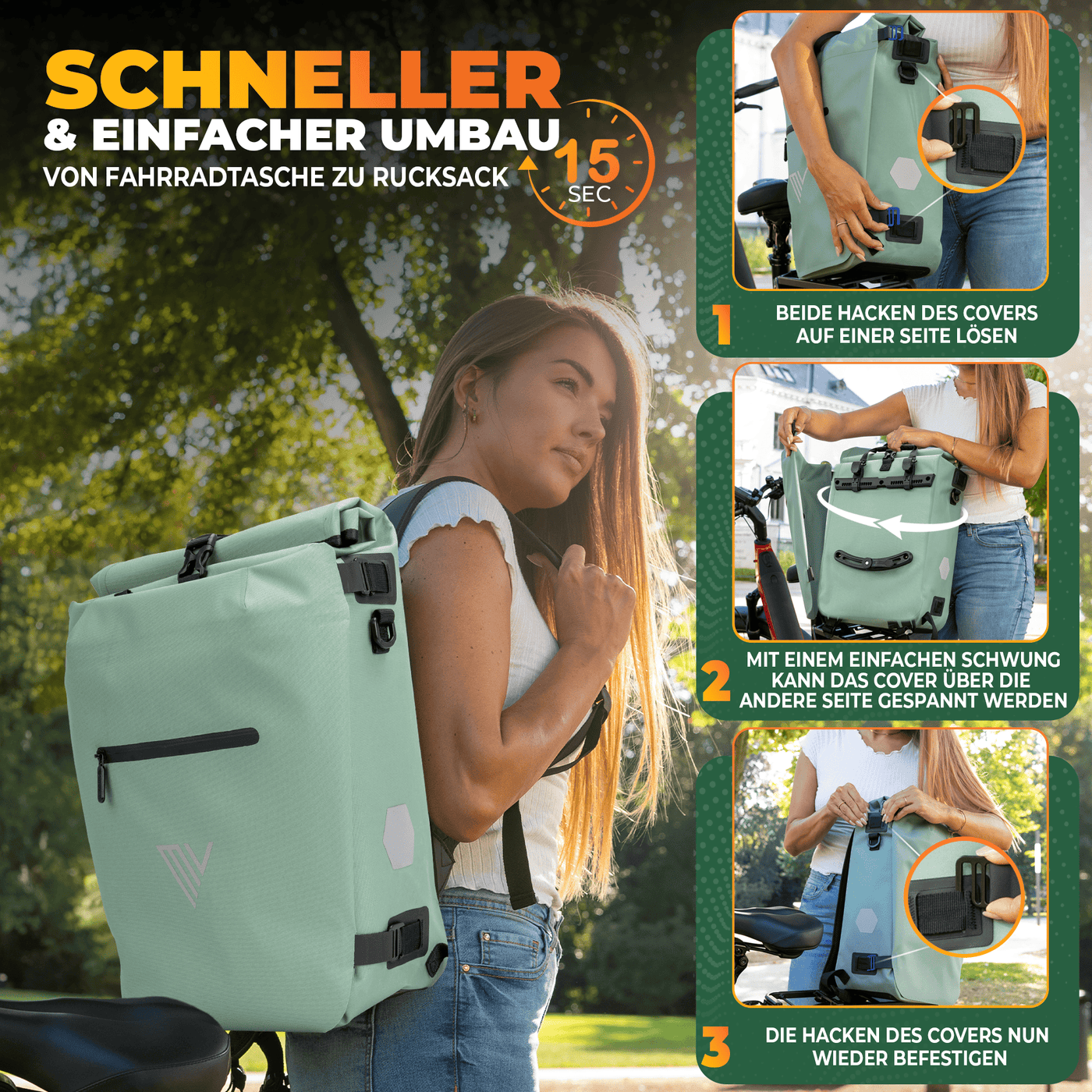 Fahrradtasche & Rucksack kombiniert - In wenigen Sekunden umgewandelt "VERSO"