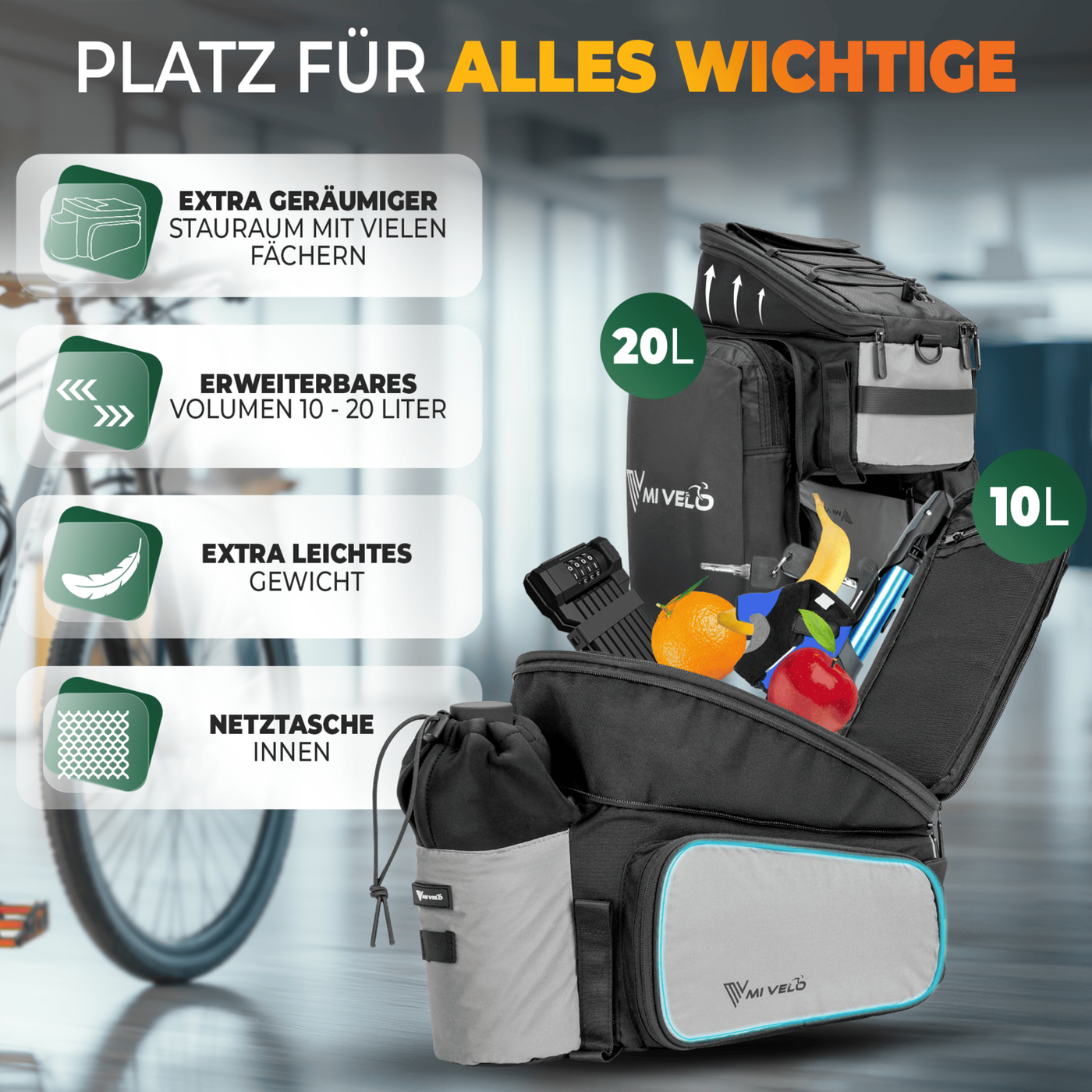 fahrradtasche felix Gepäckträgertasche mit erweiterbarem Volumen 10-20L „FELIX“ – MIVELO