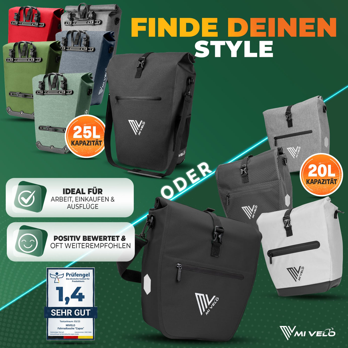 fahrradtasche zum einkaufen 2in1 Fahrradtasche für Gepäckträger „CAPAX“ 20L – MIVELO