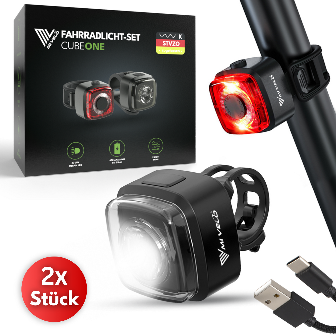 Fahrradlicht Set LED "Cube One" USB-aufladbar