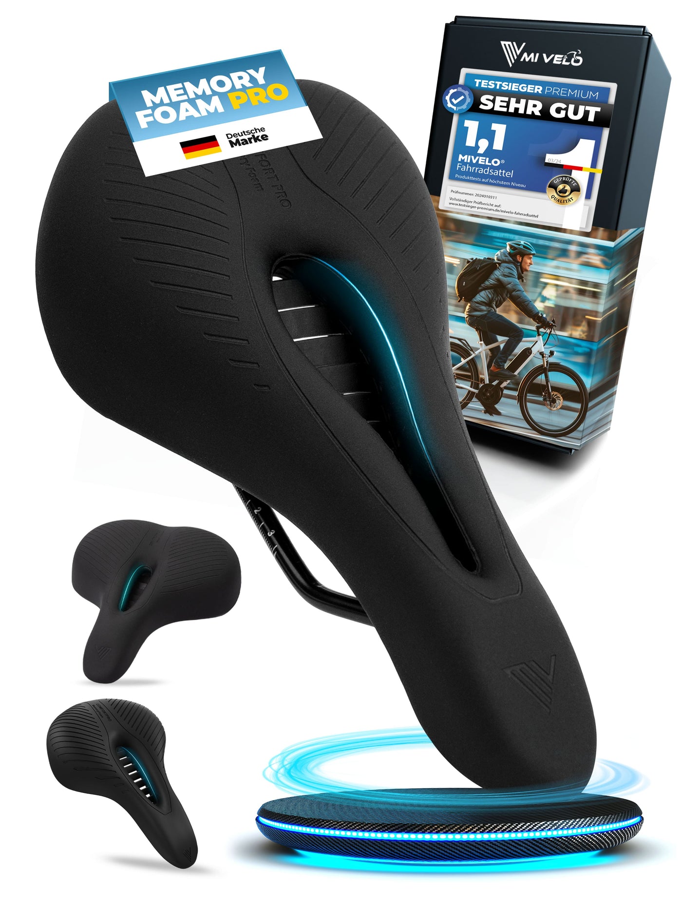 Fahrradsattel bequem & ergonomisch mit Memory-Foam 100% wasserdicht "Comfort Pro" MTB