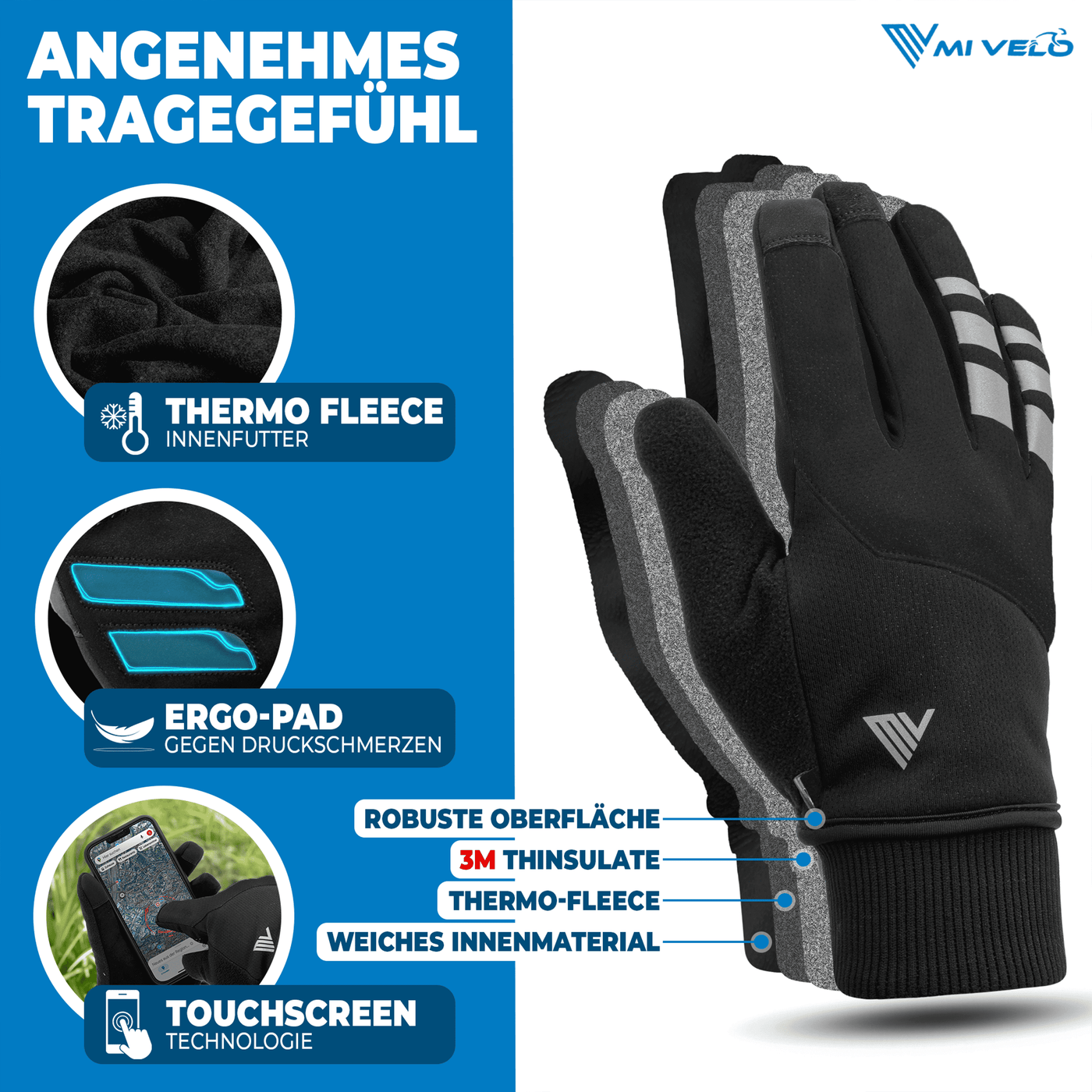 Fahrradhandschuhe Winter mit Thermo-Fleece & 3M-Thinsulate "THERMO-FIT"