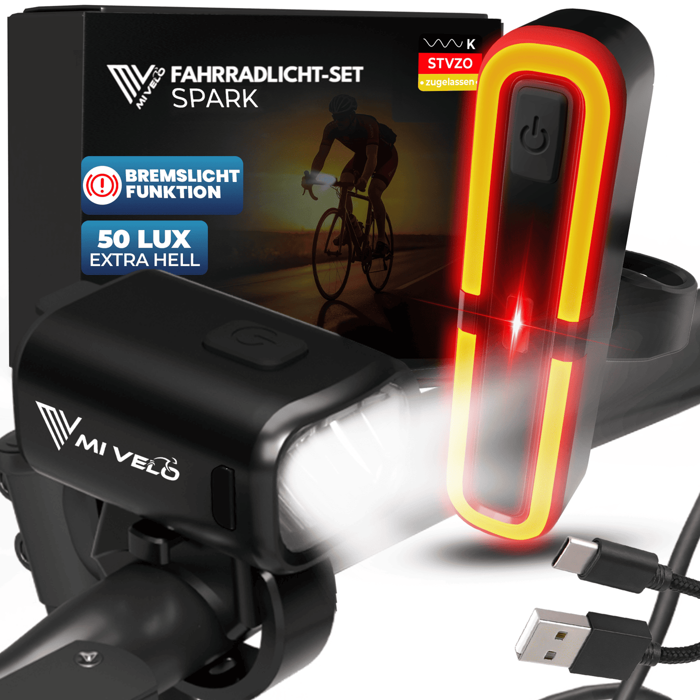 Fahrradlicht Set 50Lux mit Bremslicht 