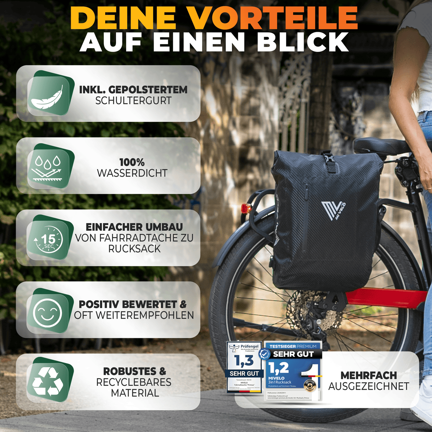 3in1 Fahrradtasche & Rucksack wasserdicht 20L "PRIMUS"