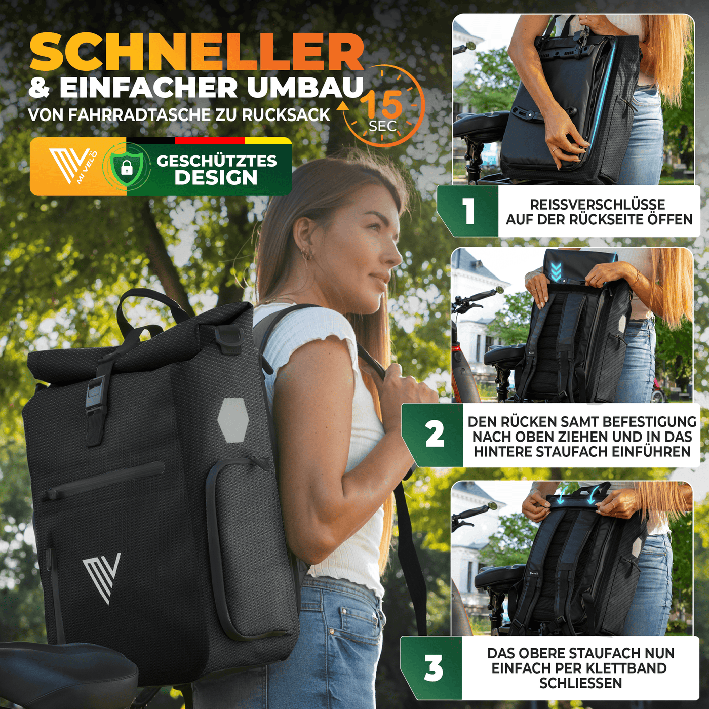 Wasserdichte Fahrradtasche & bequemer Rucksack kombiniert "EVO"
