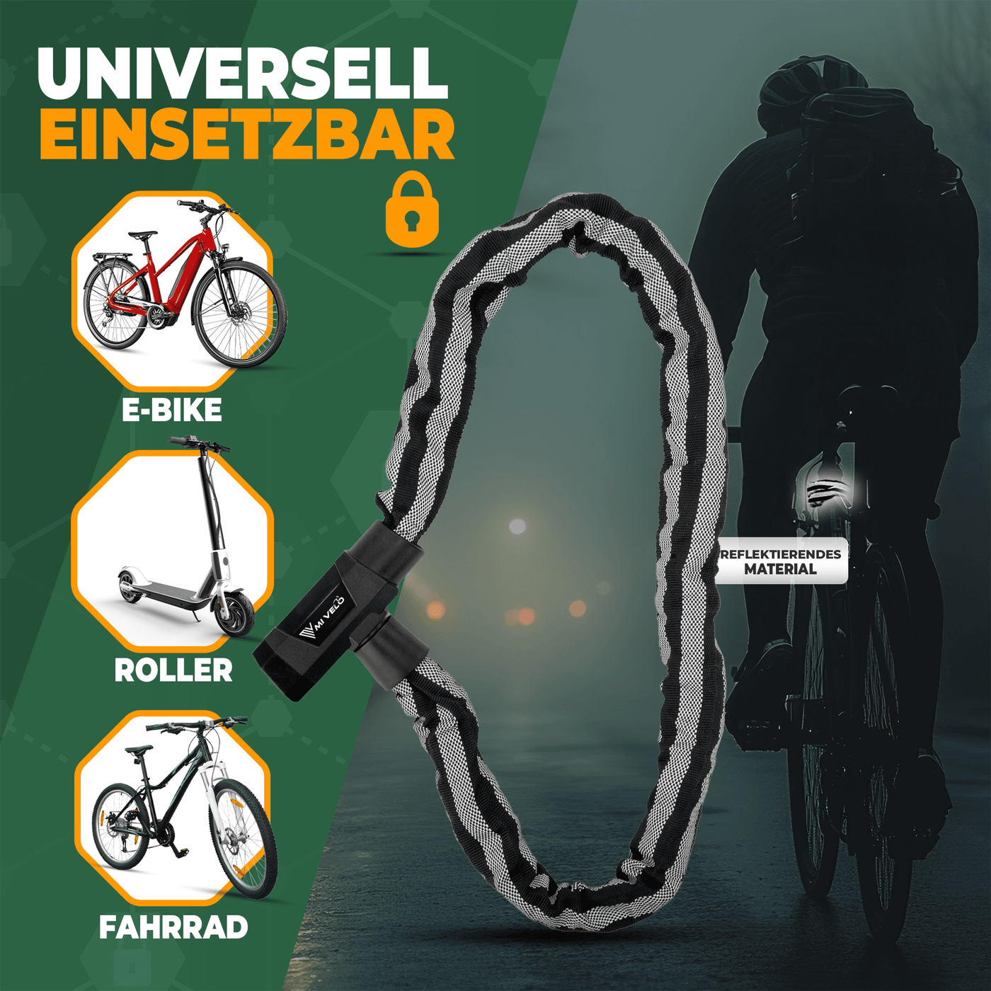 fahrradtasche kettenschloss Kettenschloss Schlüssel mit Vierkant-Kette & LED 100cm – MIVELO