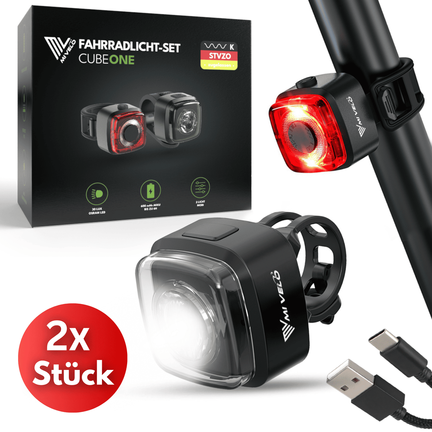 Fahrradlicht Set LED "Cube One" USB-aufladbar