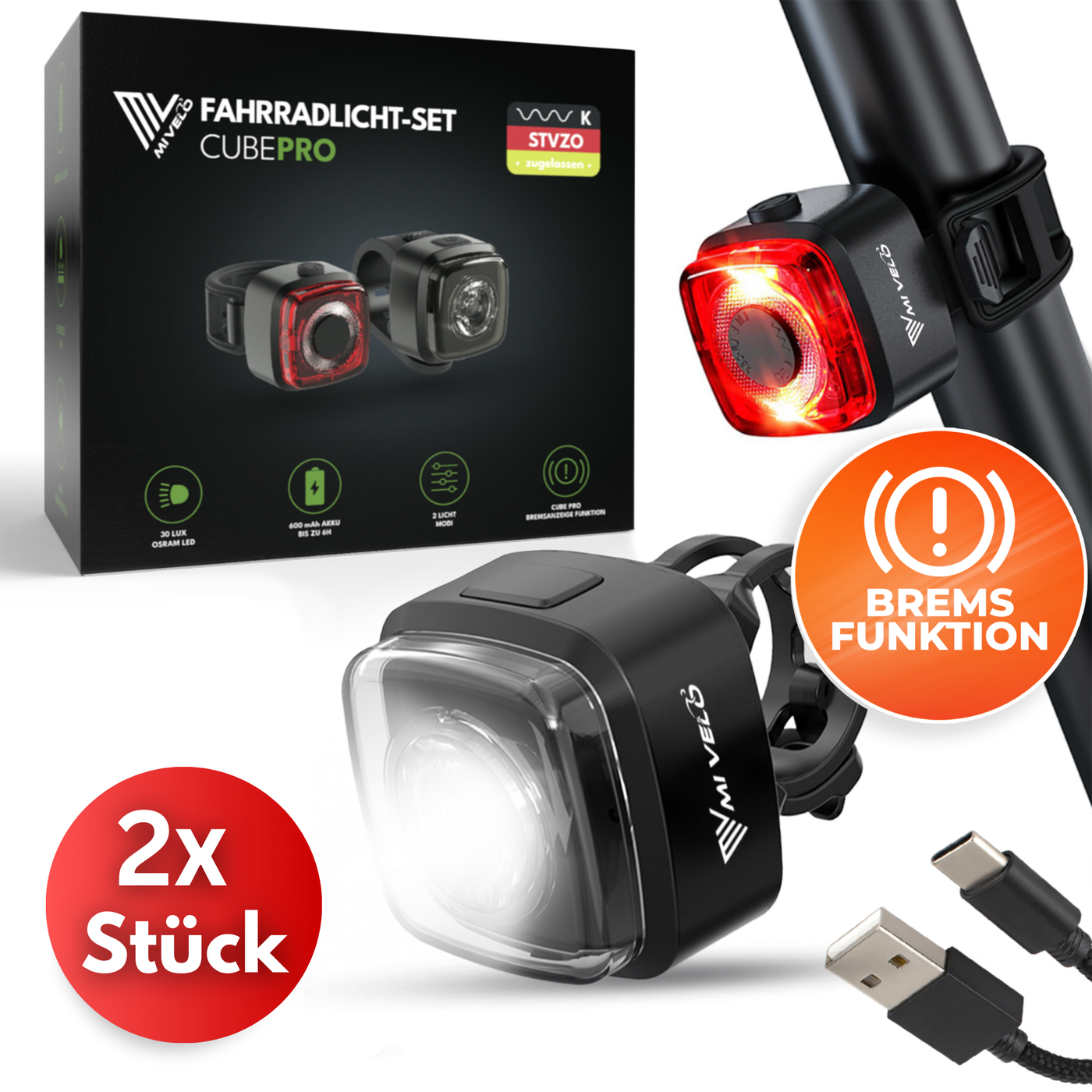 Fahrradlicht Set LED "Cube Pro" USB-aufladbar mit Bremslicht