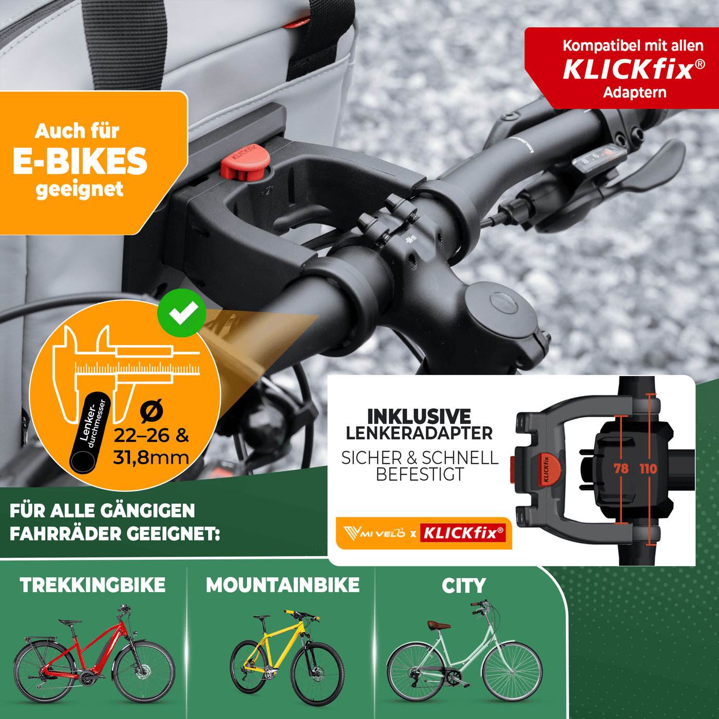 Lenkertasche Fahrrad mit Tragegriff für KlickFIX-Halterungen 6L "LUNA"