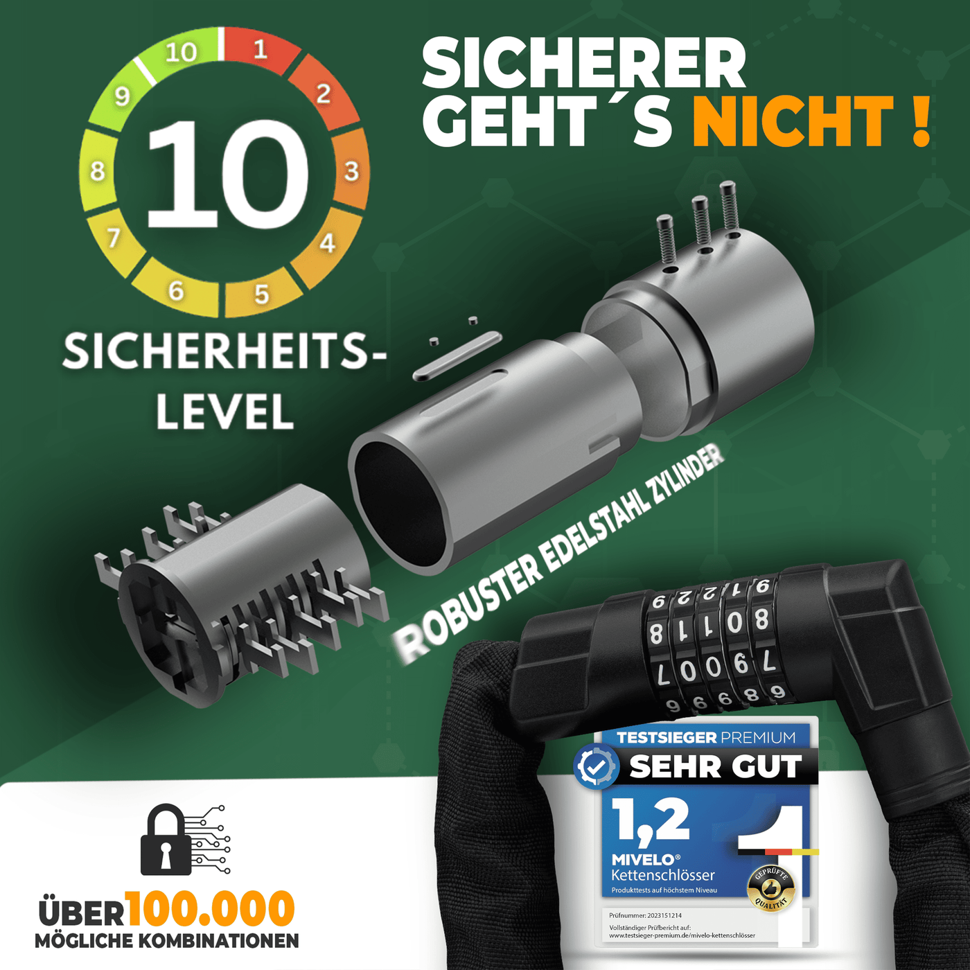 Kettenschloss mit robustem Carbonstahl-Kern und Zahlencode 85/100cm