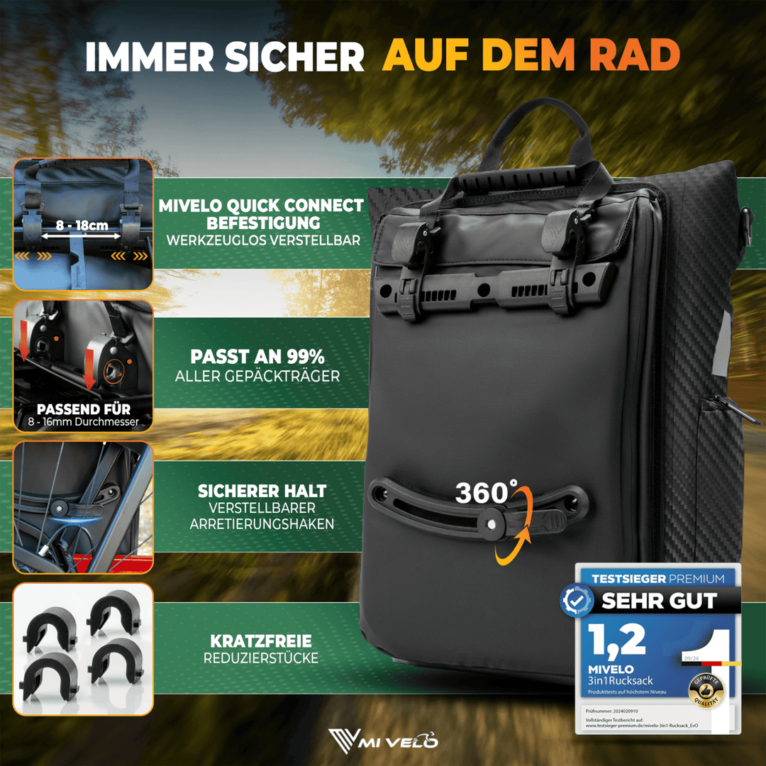 ghost fahrradtasche Fahrradtasche & bequemer Rucksack kombiniert 25L „EVO“ – MIVELO