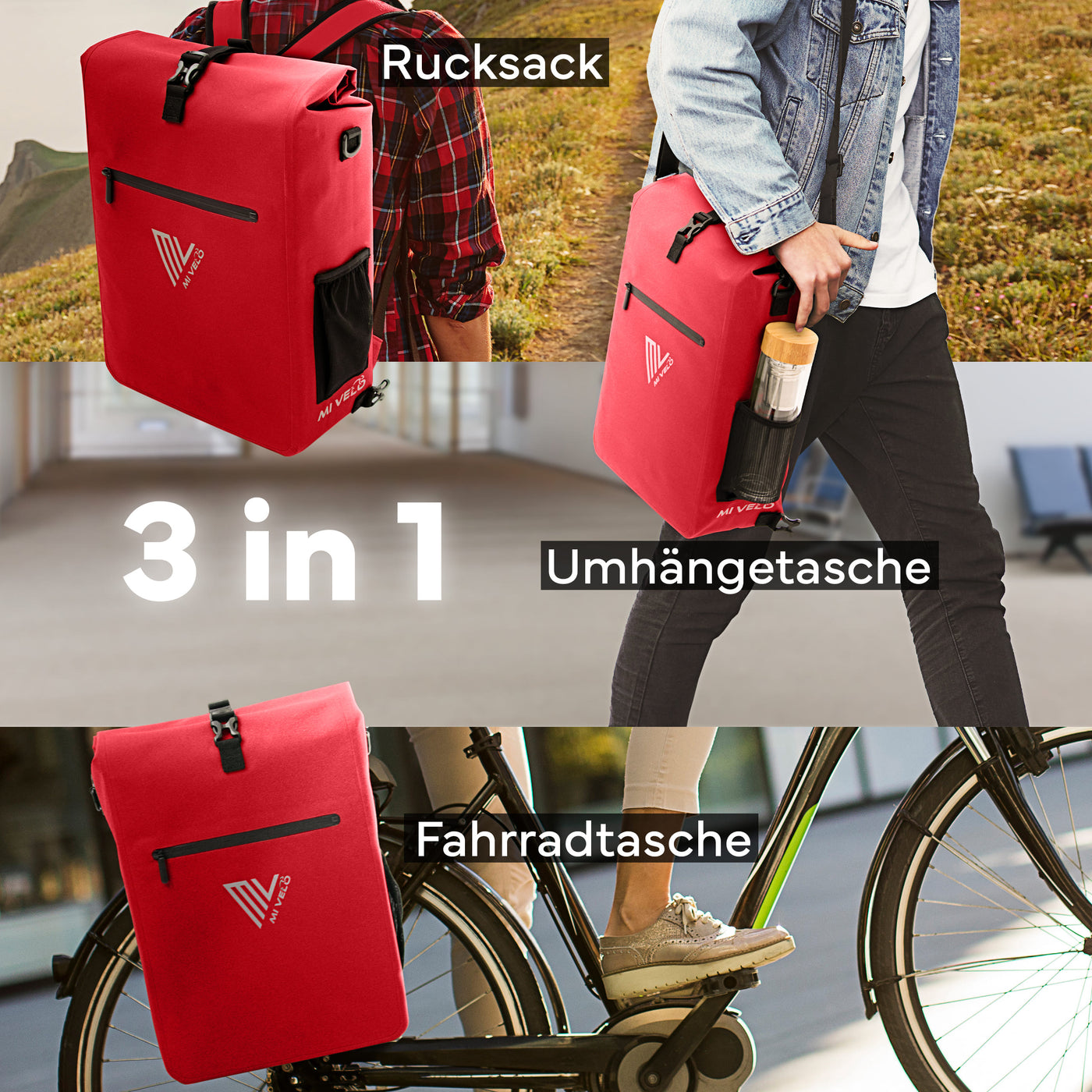 MIVELO - 3 in 1 Fahrradtasche Rucksack wasserdicht 25L