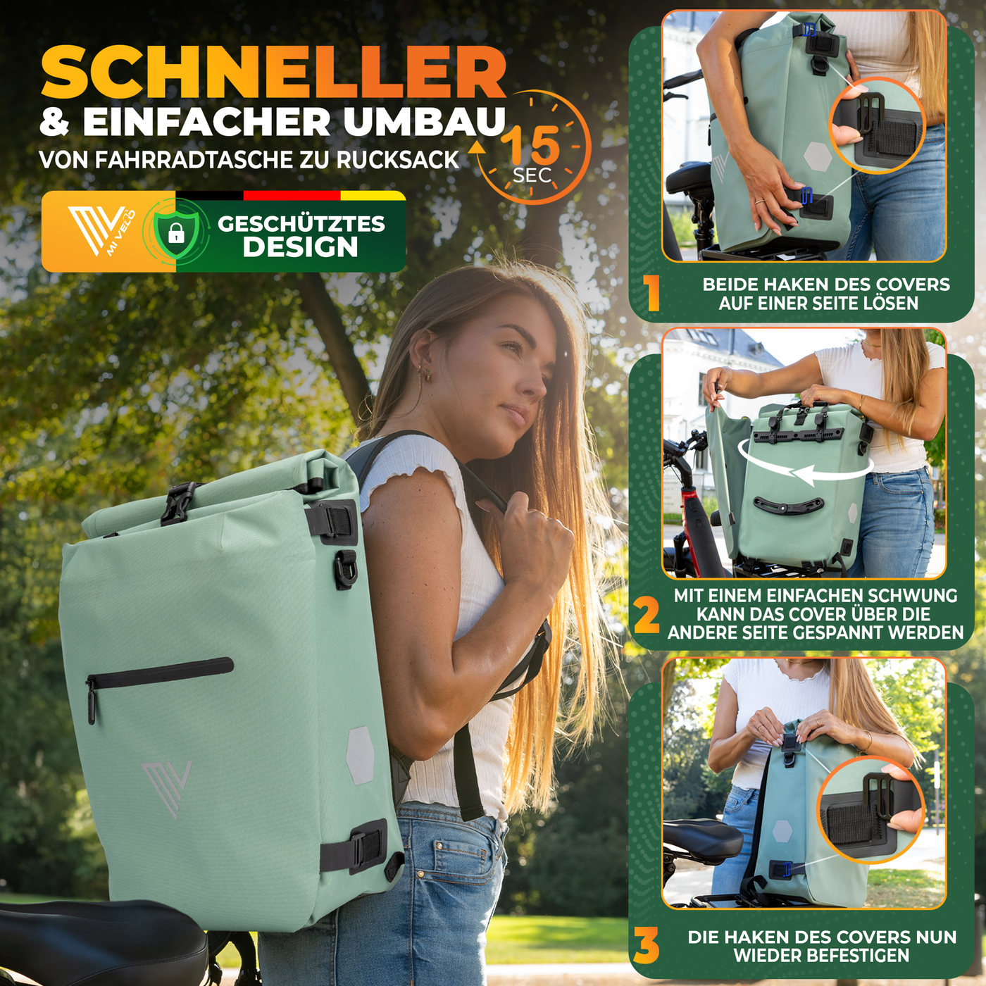 Fahrradtasche & Rucksack kombiniert - In wenigen Sekunden umgewandelt "VERSO"
