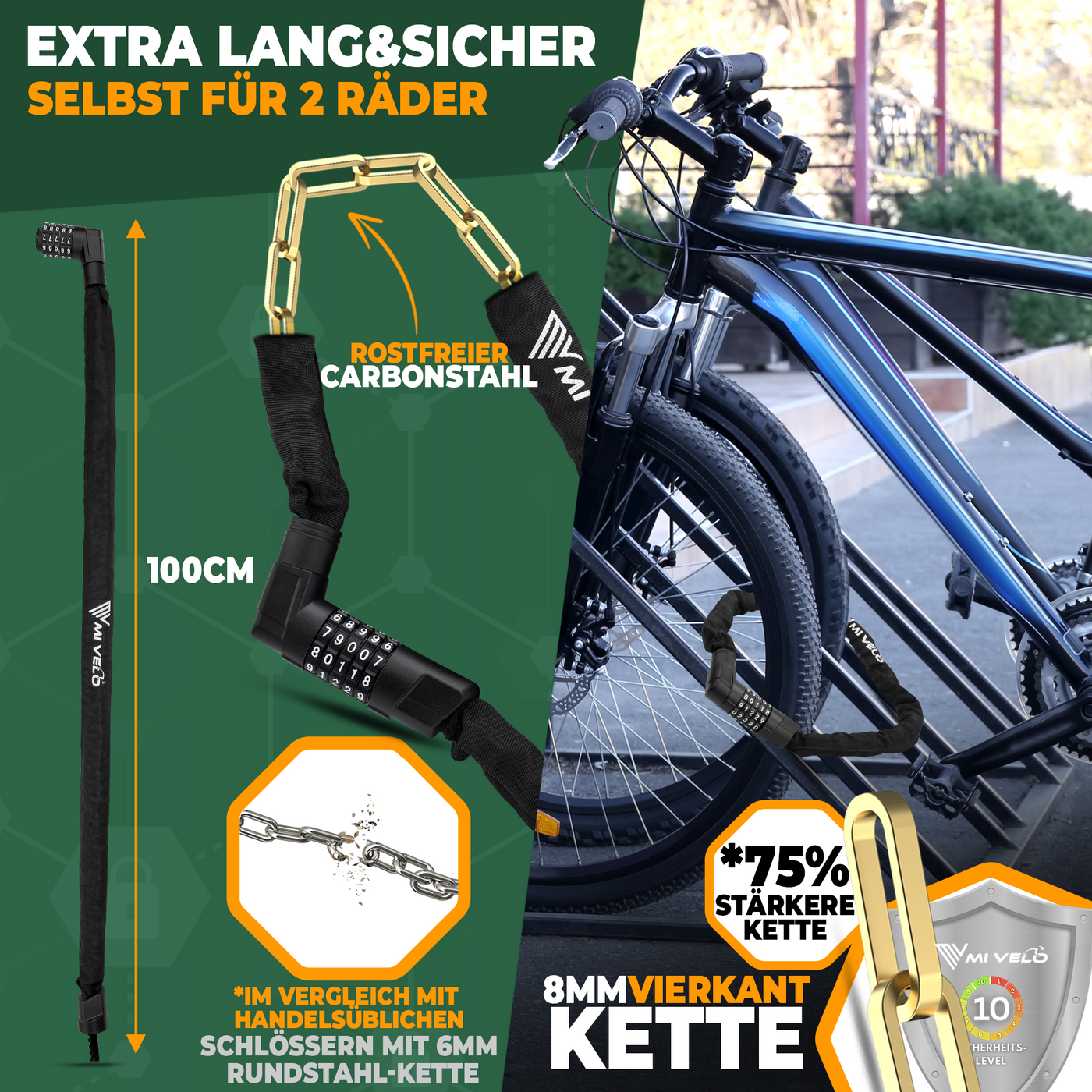 Fahrradschloss mit Vierkant-Kette & Zahlencode 85/100cm – MIVELO