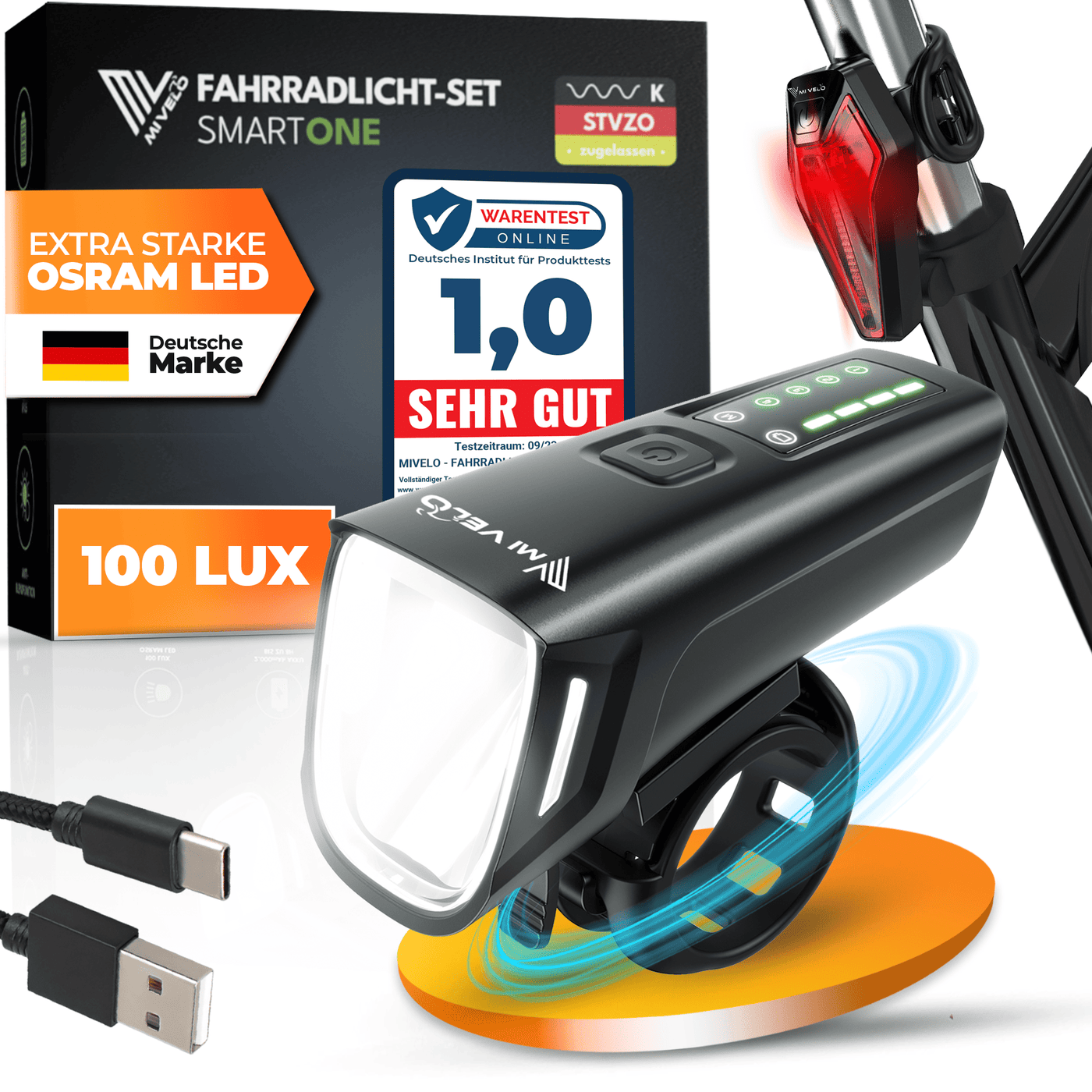 Fahrradlicht Set LED "SMART ONE" USB-aufladbar
