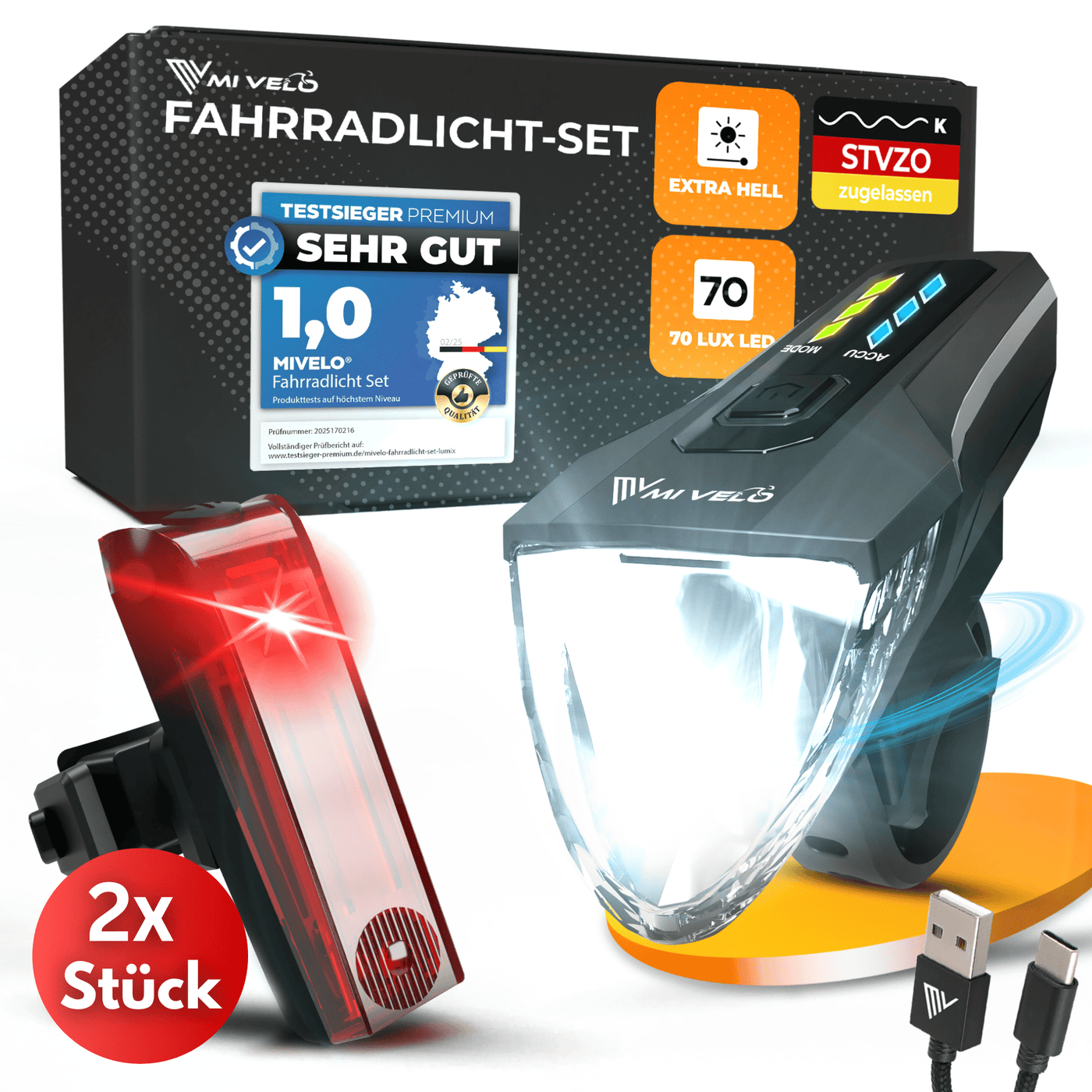 Fahrradlicht Set LED aufladbar mit 70Lux "LUMIX ONE"