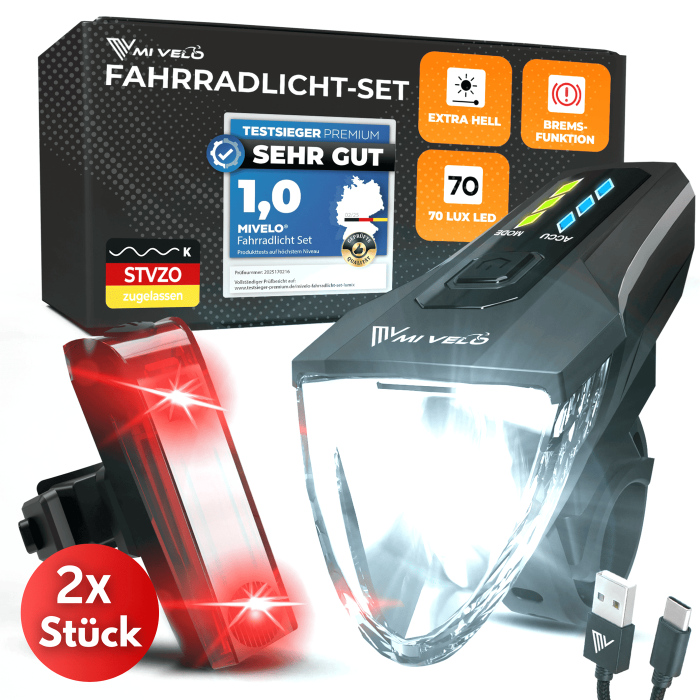 Fahrradlicht Set LED aufladbar mit Bremslicht "LUMIX PRO"
