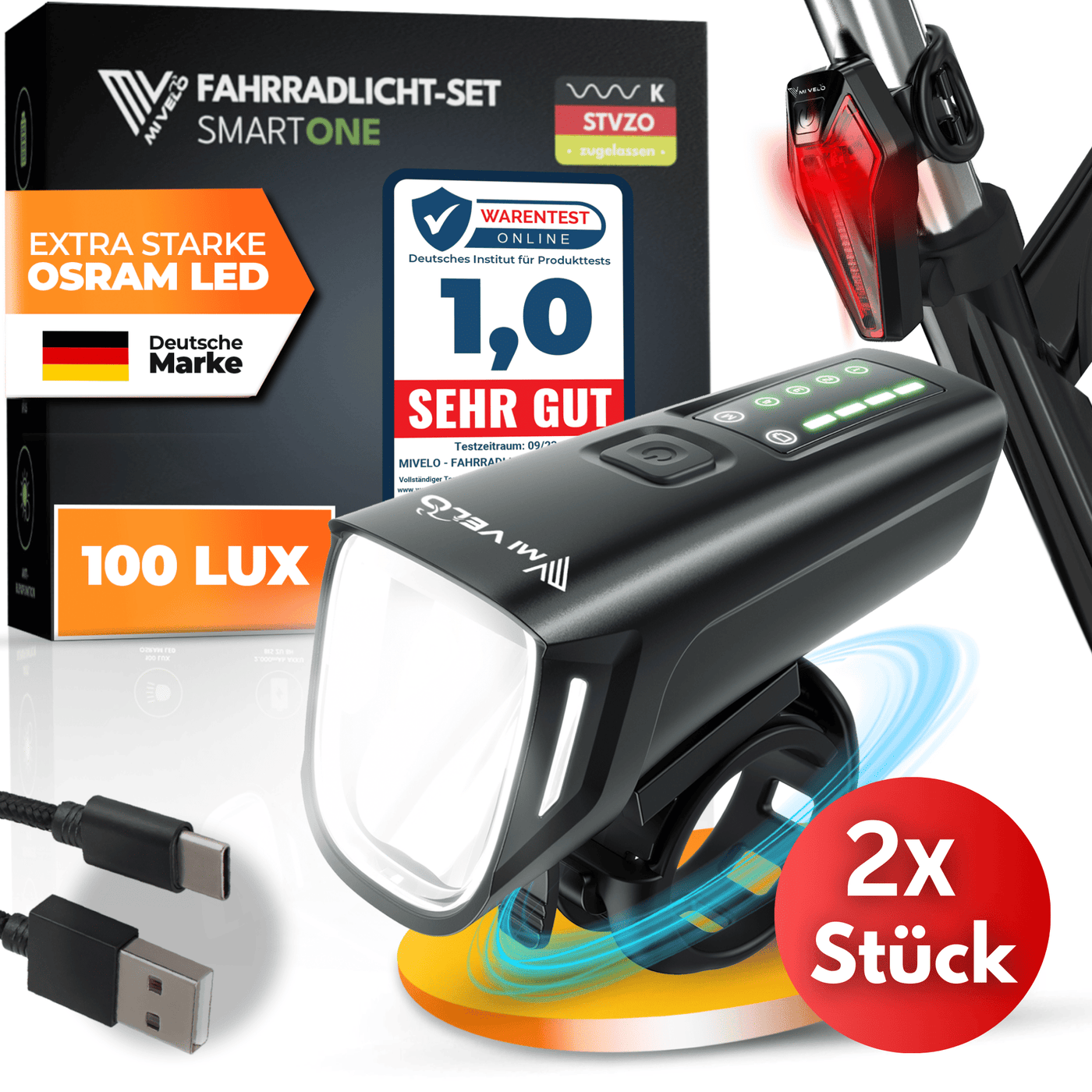 fahrradbeleuchtung set stvzo zugelassen Fahrradlicht Set 100Lux „SMART ONE“ – MIVELO