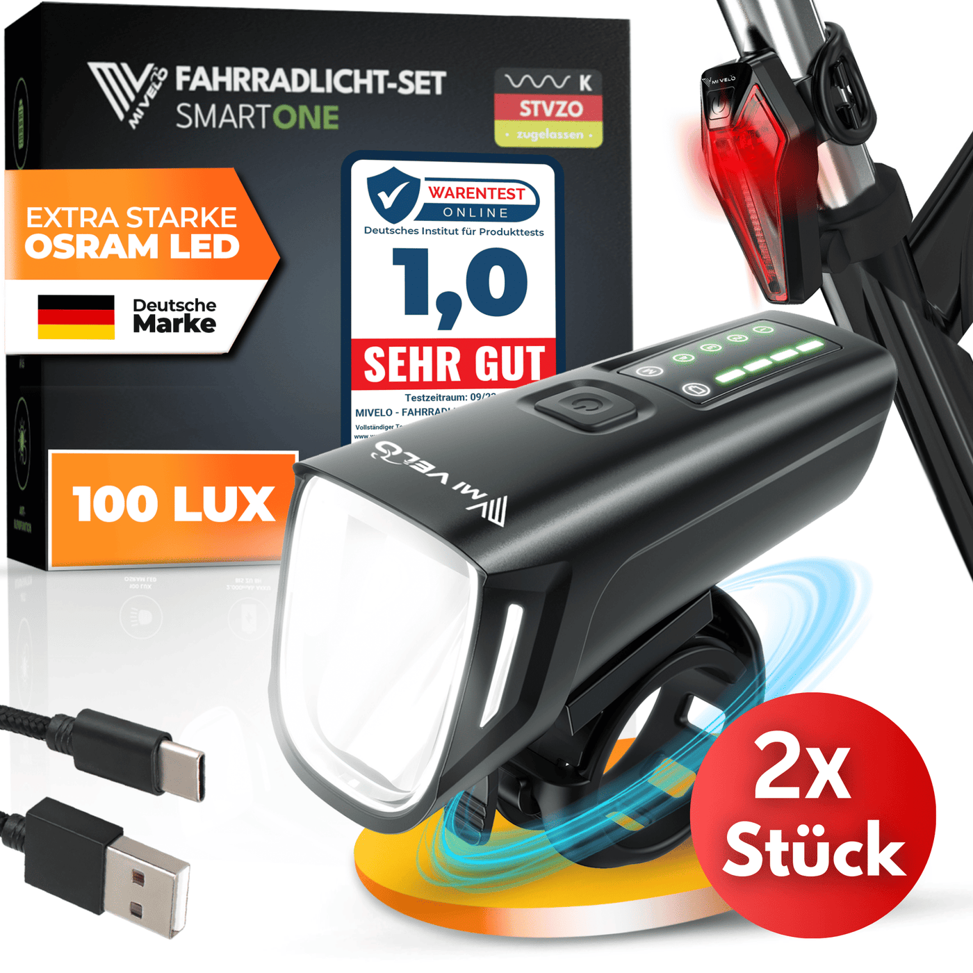 Fahrradlicht Set LED "SMART ONE" USB-aufladbar