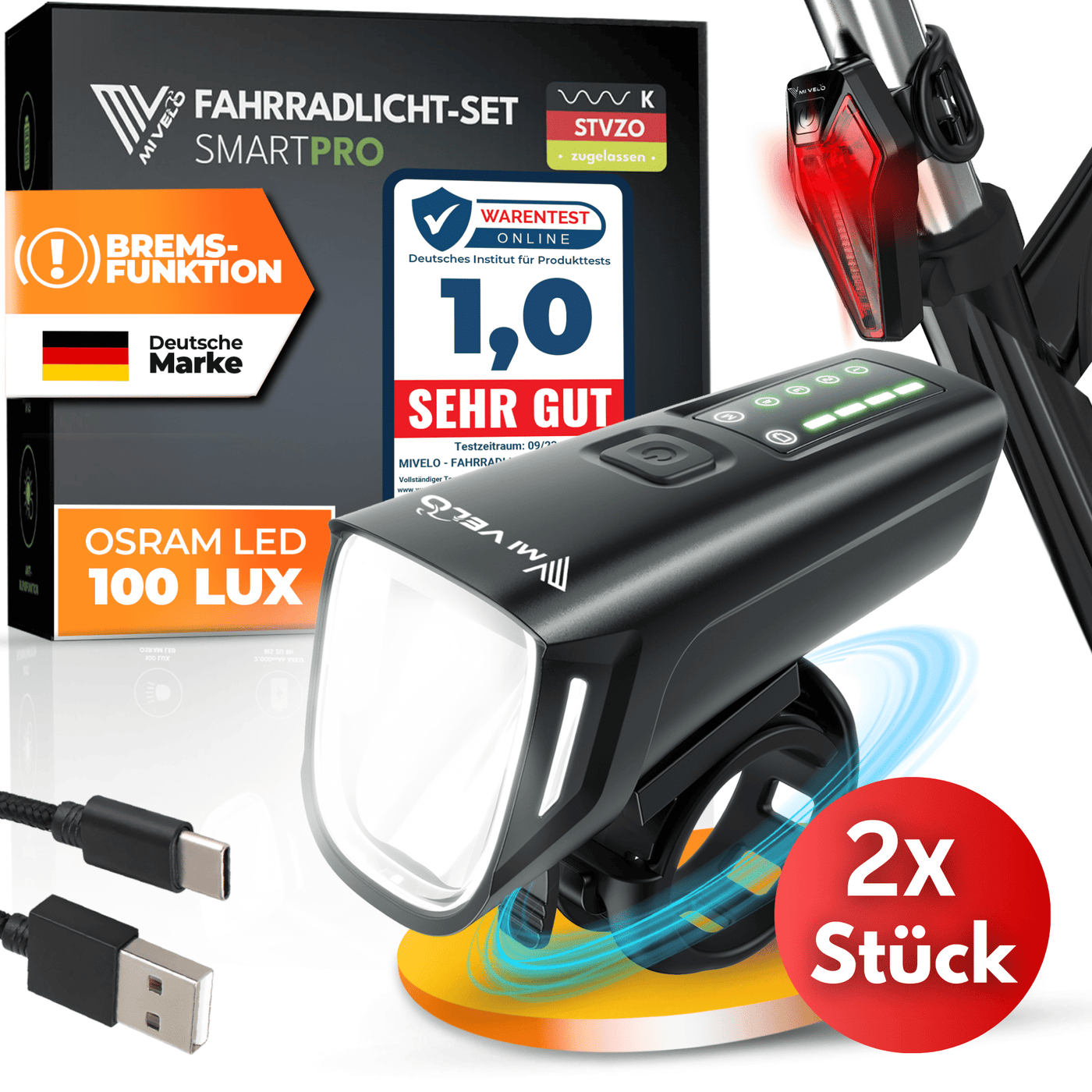 Fahrradlicht Set LED "SMART PRO" mit Bremsfunktion & USB-aufladbar