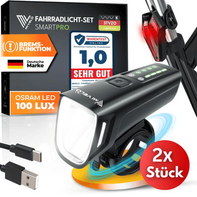 Fahrradlicht Set LED "SMART PRO" mit Bremsfunktion & USB-aufladbar