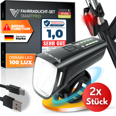 Fahrradlicht Set LED "SMART PRO" mit Bremsfunktion & USB-aufladbar